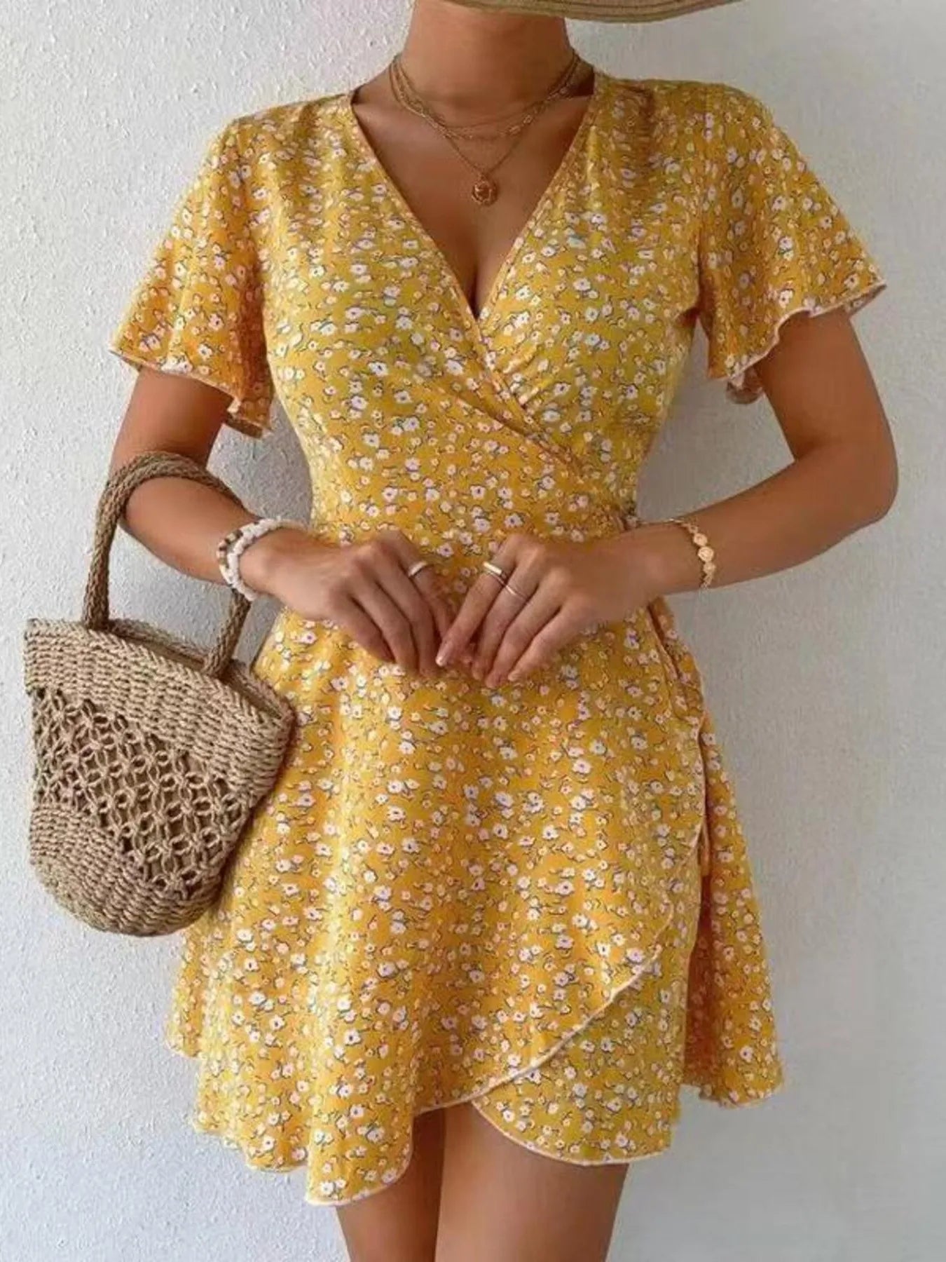 Floral Flutter Sleeve Wrap Mini Dress.