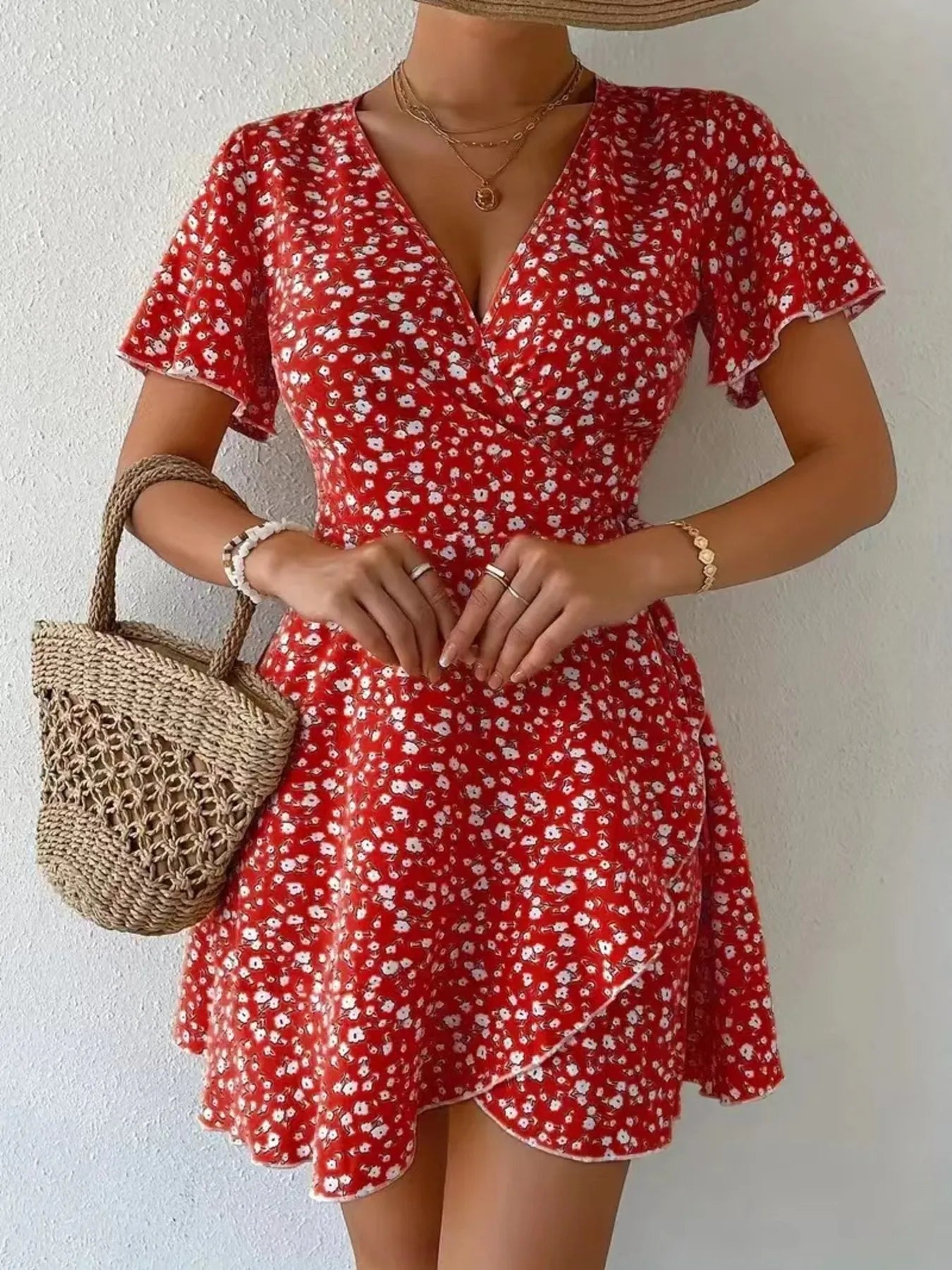 Floral Flutter Sleeve Wrap Mini Dress.