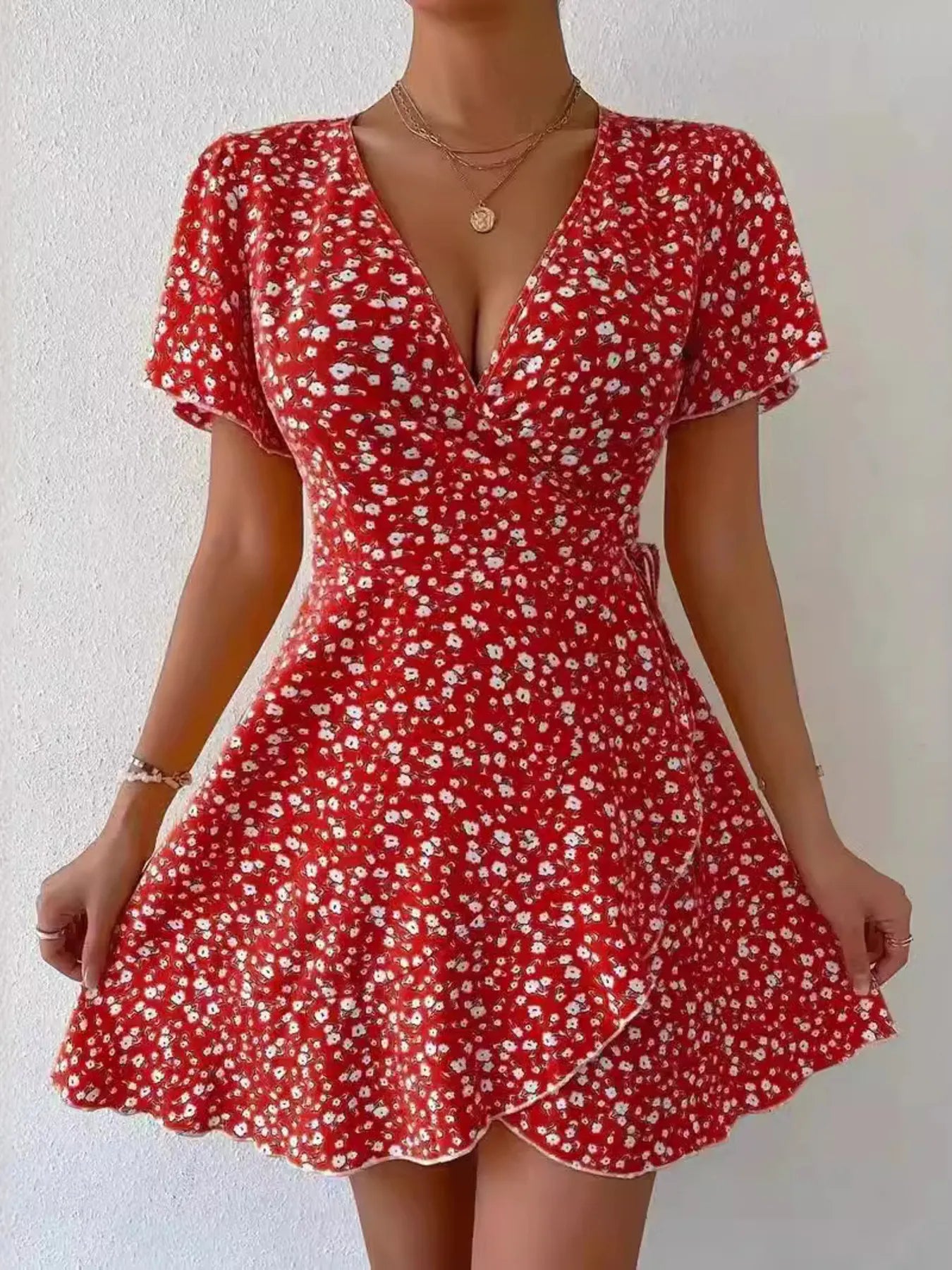 Floral Flutter Sleeve Wrap Mini Dress.