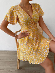 Floral Flutter Sleeve Wrap Mini Dress.