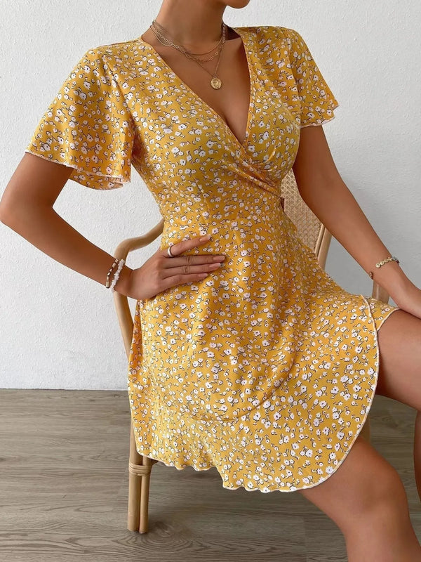 Floral Flutter Sleeve Wrap Mini Dress.