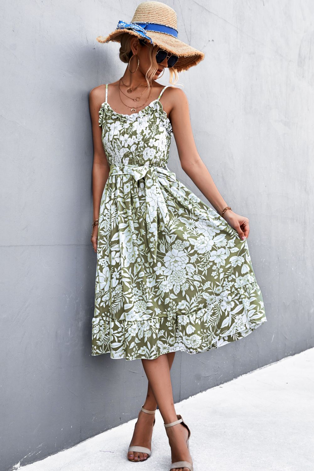 Floral Frill Trim Scoop Neck Spaghetti Strap Dress.