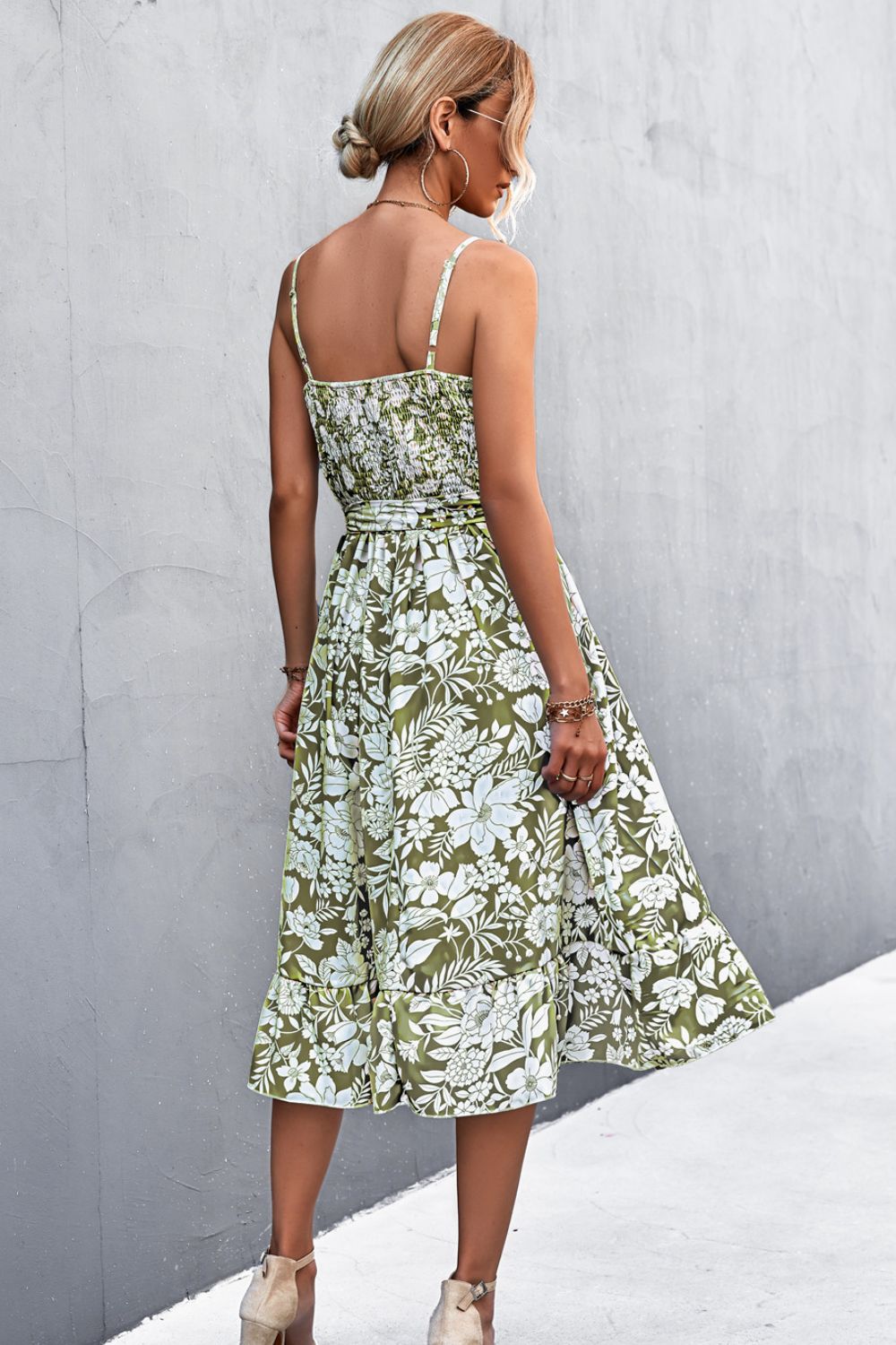 Floral Frill Trim Scoop Neck Spaghetti Strap Dress.