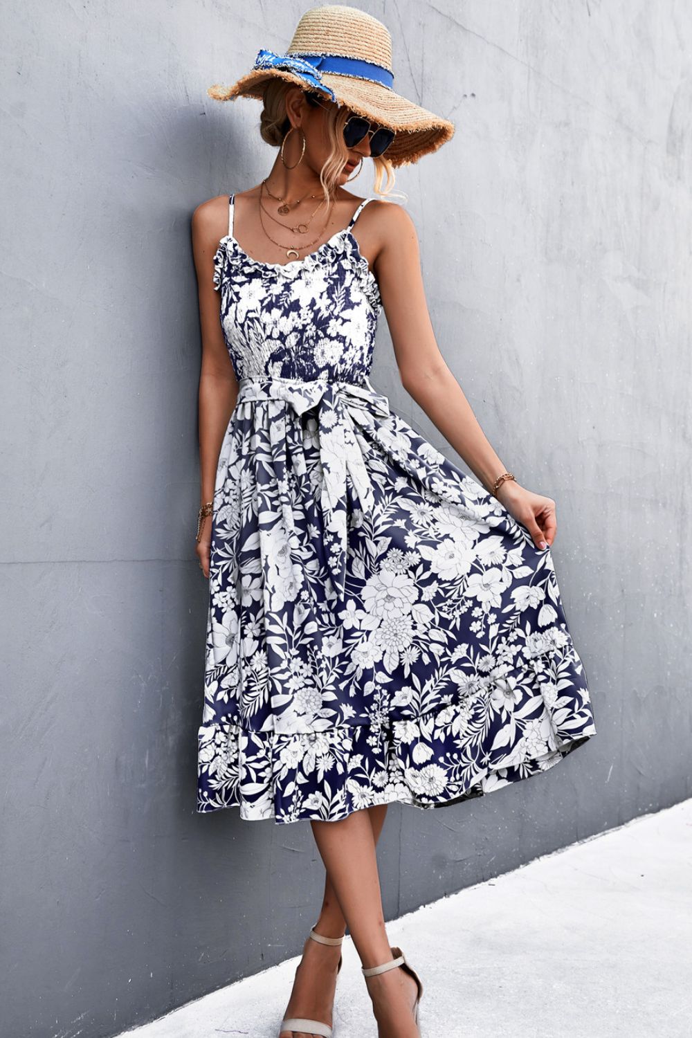 Floral Frill Trim Scoop Neck Spaghetti Strap Dress.