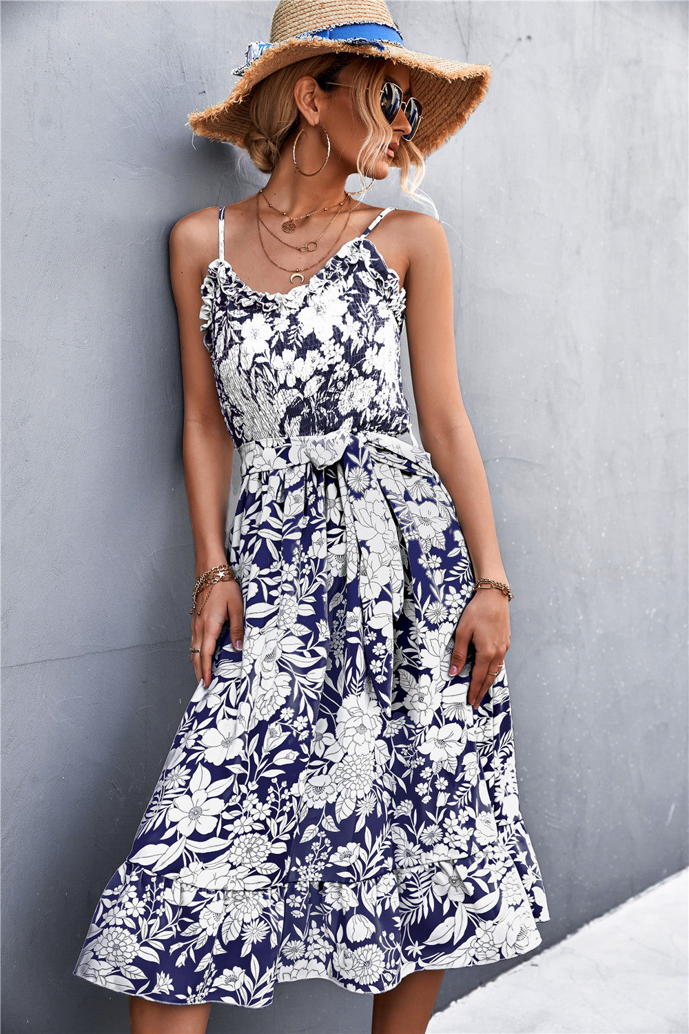 Floral Frill Trim Scoop Neck Spaghetti Strap Dress.