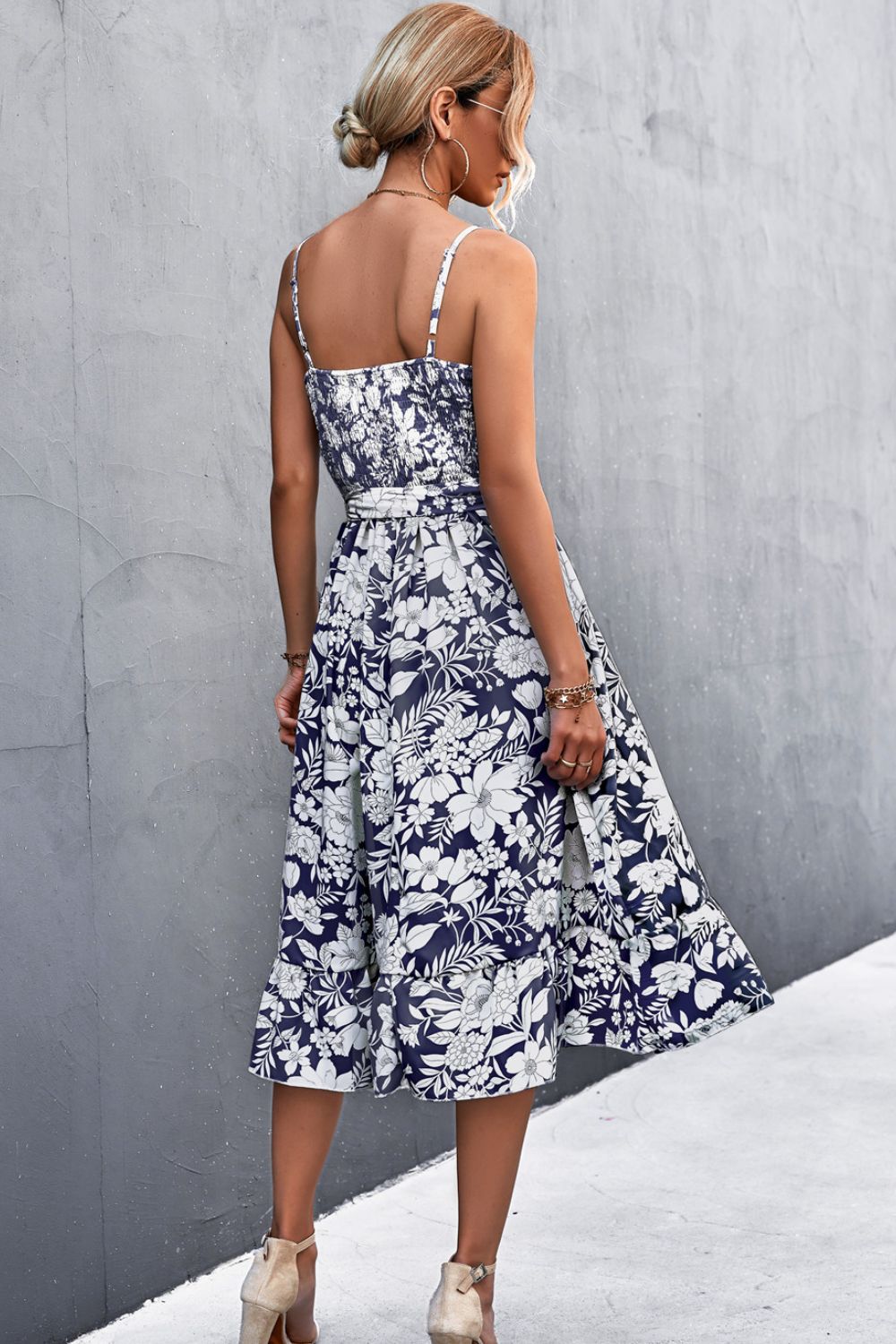 Floral Frill Trim Scoop Neck Spaghetti Strap Dress.