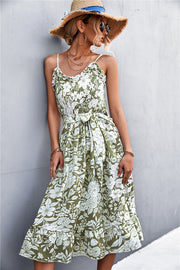 Floral Frill Trim Scoop Neck Spaghetti Strap Dress.