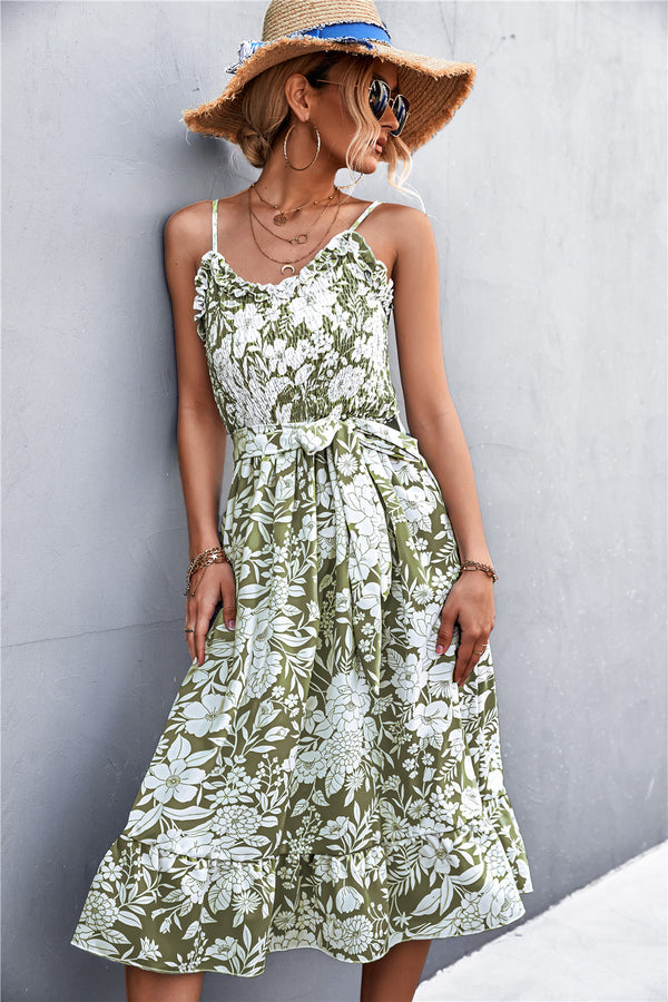 Floral Frill Trim Scoop Neck Spaghetti Strap Dress.