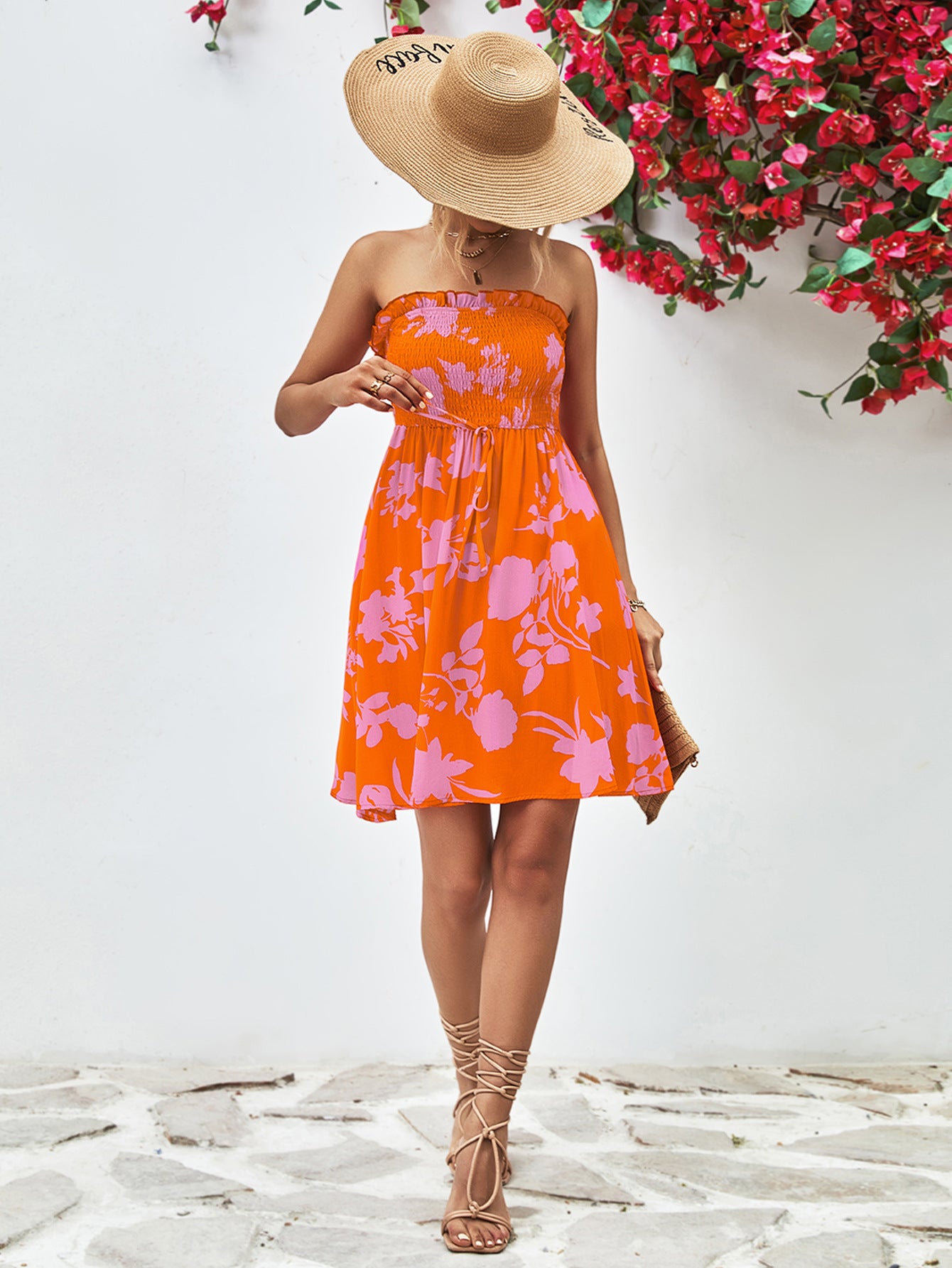 Floral Frill Trim Strapless Smocked Dress.