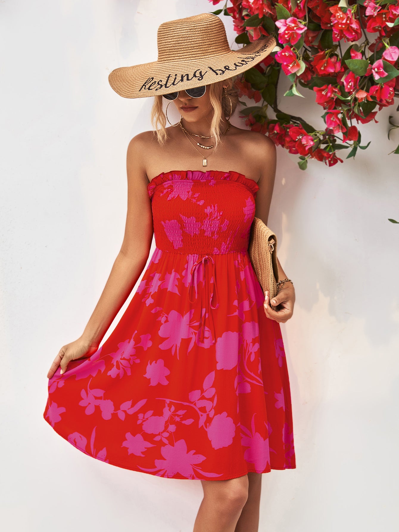 Floral Frill Trim Strapless Smocked Dress.