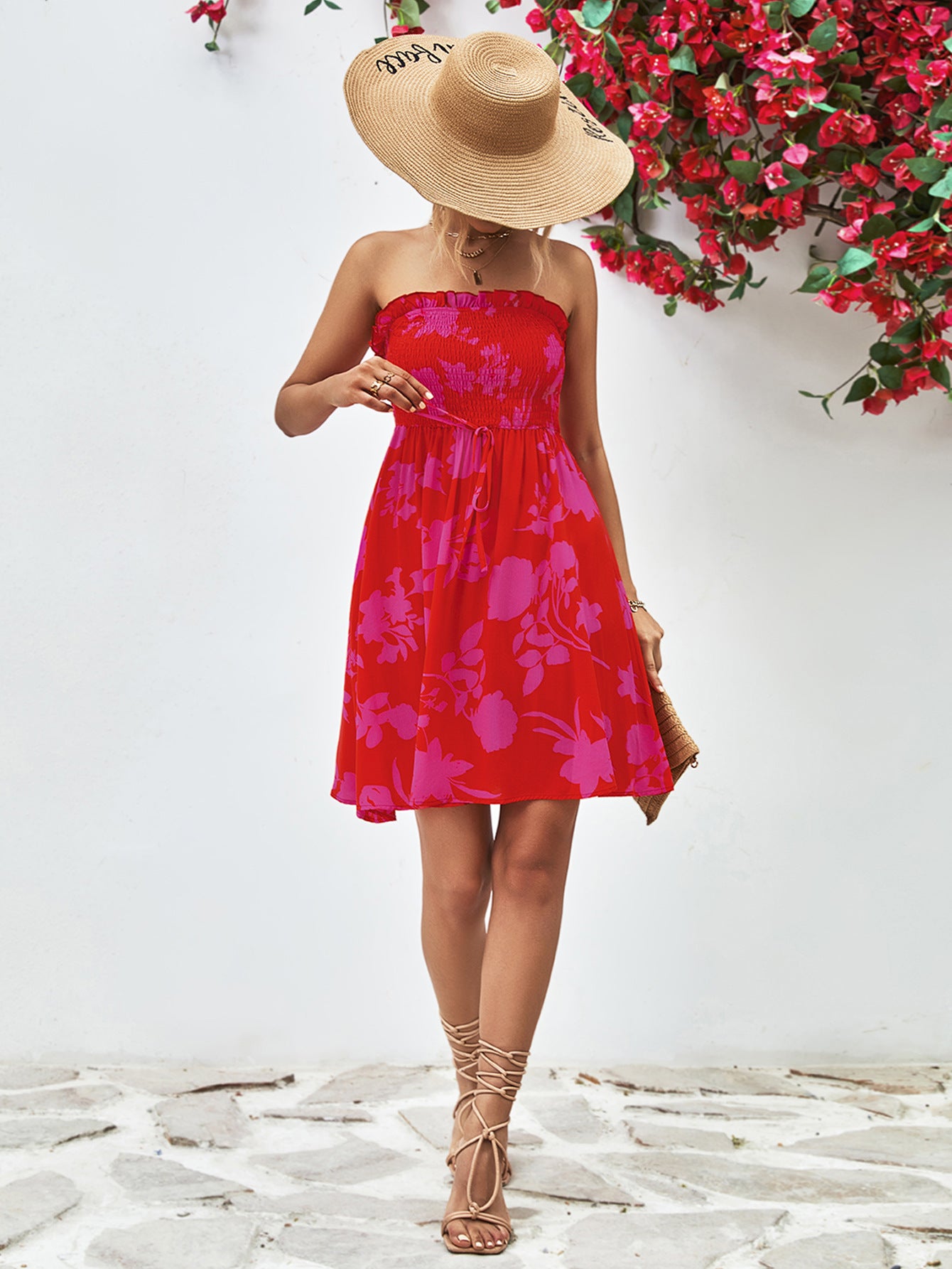 Floral Frill Trim Strapless Smocked Dress.