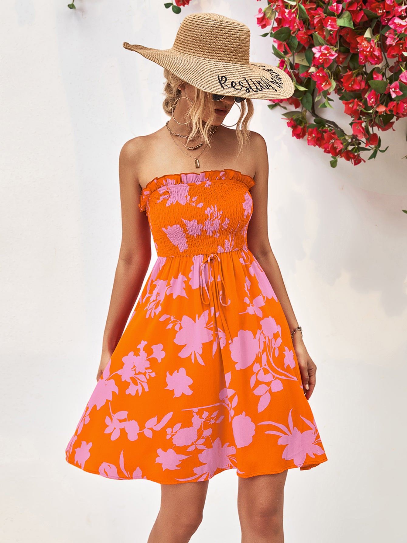 Floral Frill Trim Strapless Smocked Dress.