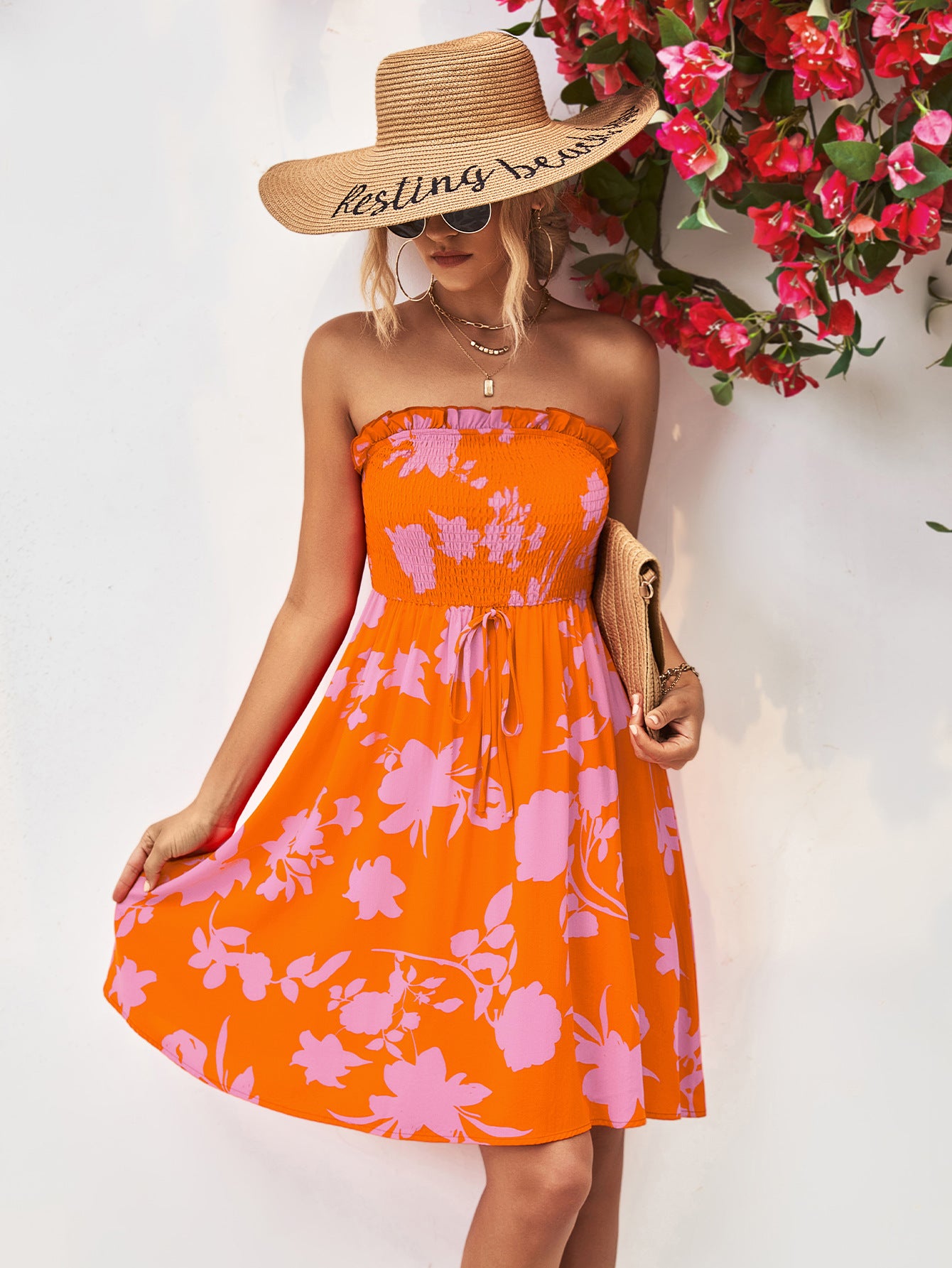 Floral Frill Trim Strapless Smocked Dress.