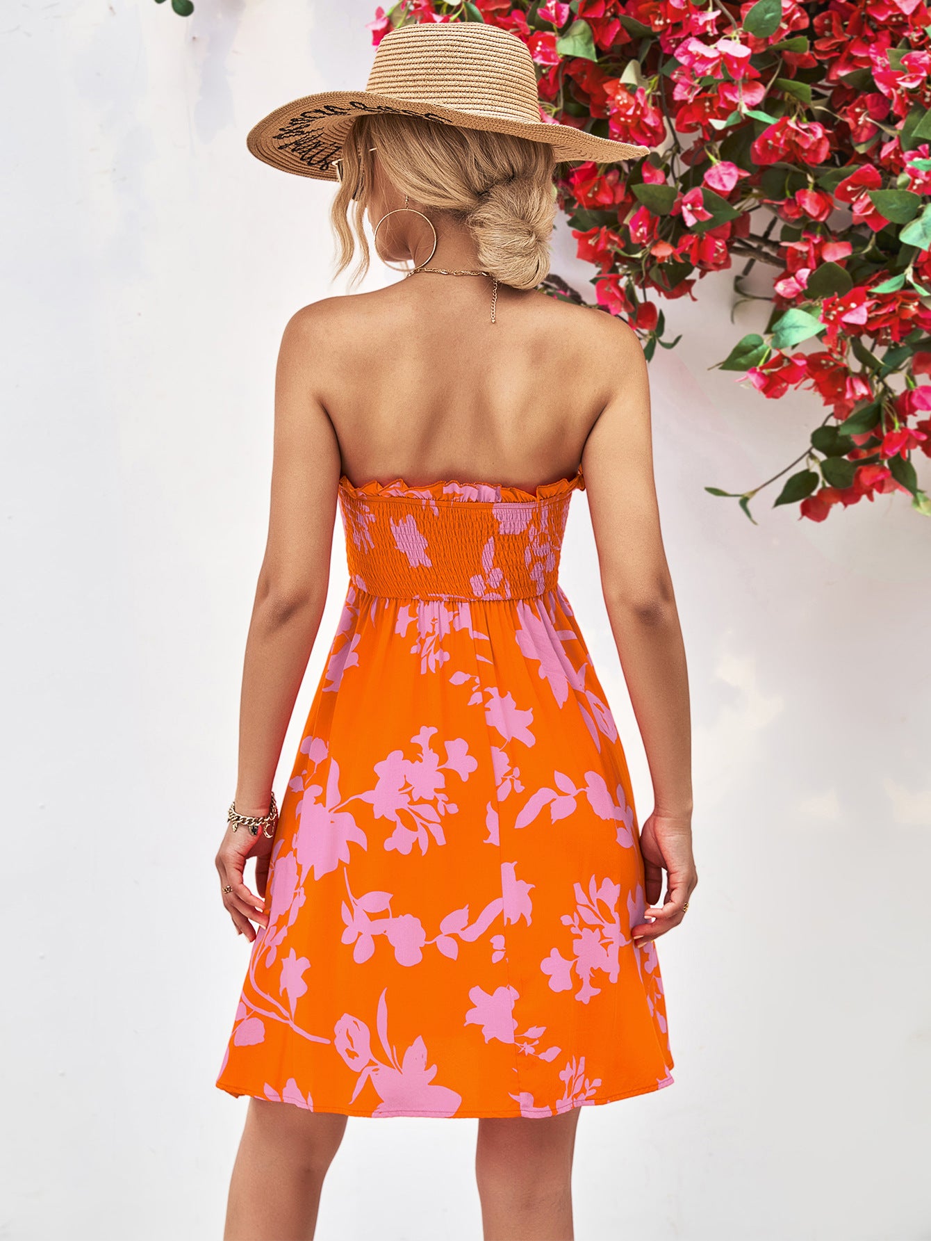 Floral Frill Trim Strapless Smocked Dress.