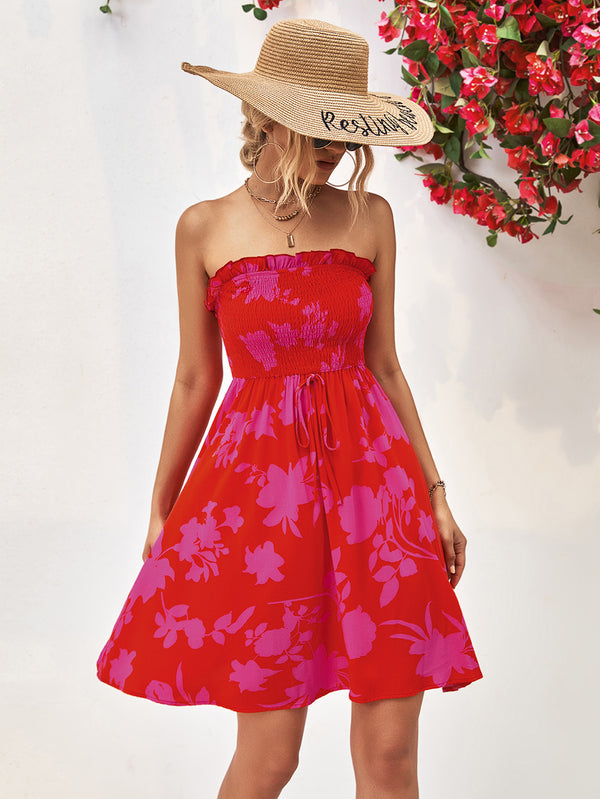 Floral Frill Trim Strapless Smocked Dress.