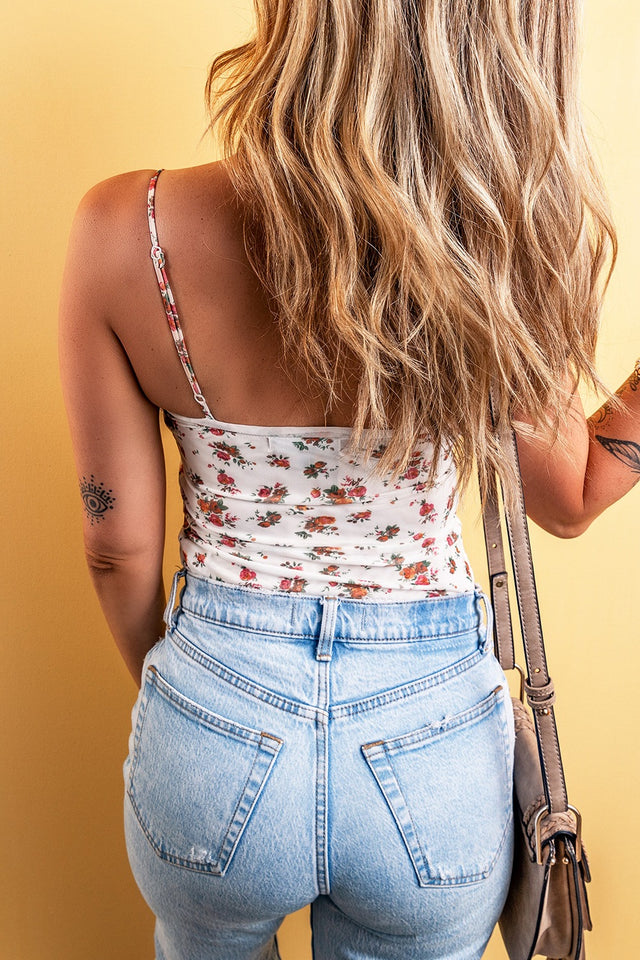 Floral frilled trim spaghetti straps bodysuit.