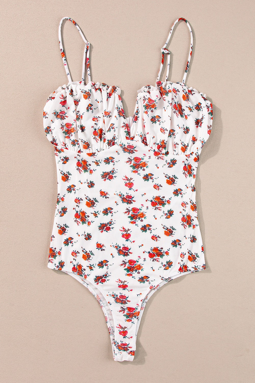 Floral frilled trim spaghetti straps bodysuit.