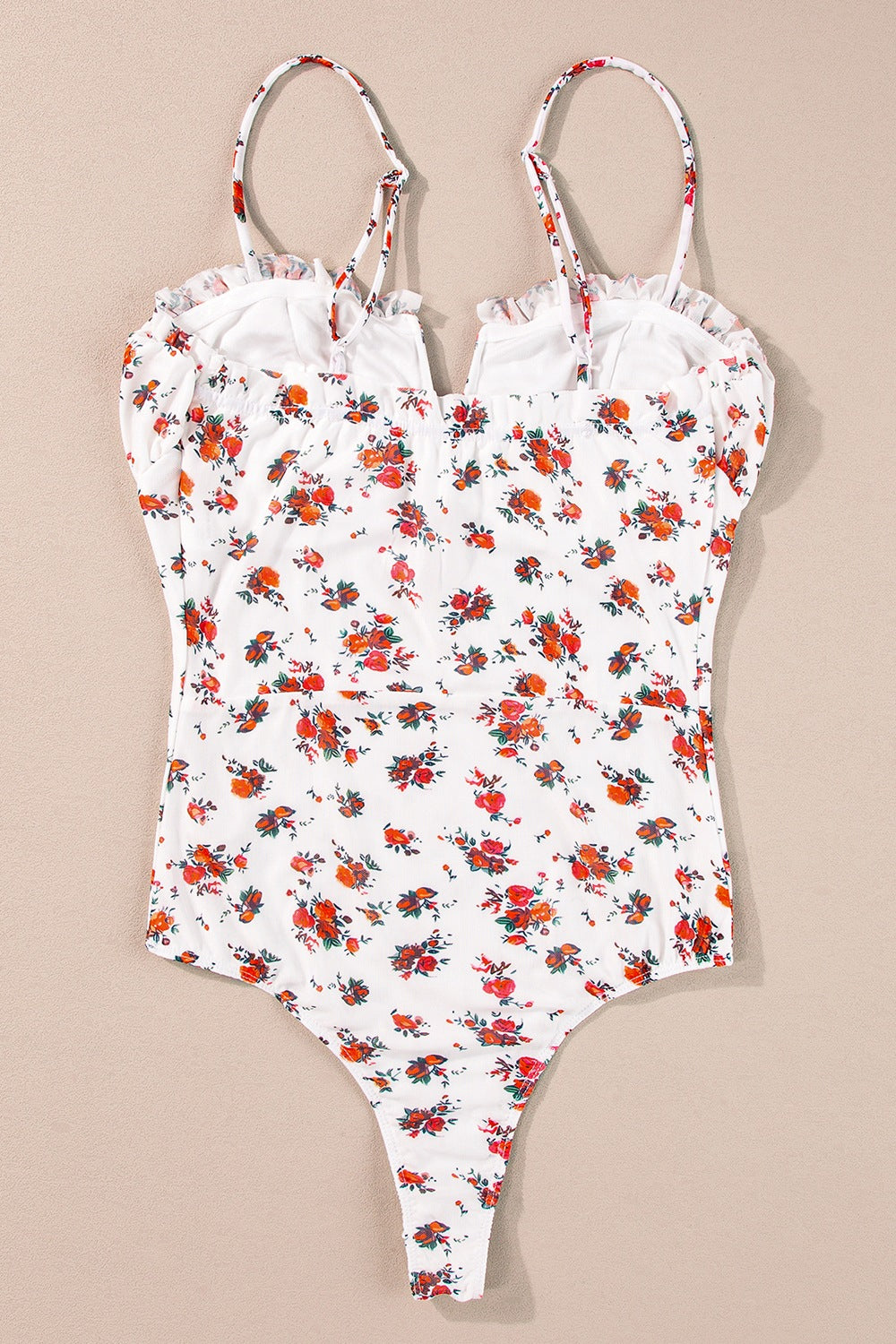 Floral frilled trim spaghetti straps bodysuit.