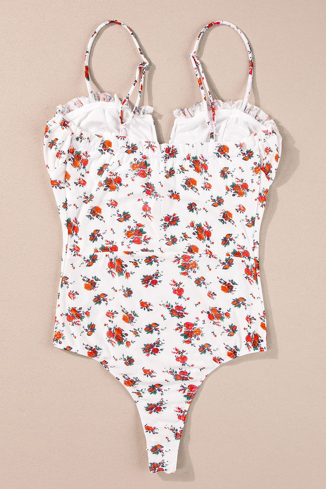 Floral frilled trim spaghetti straps bodysuit.