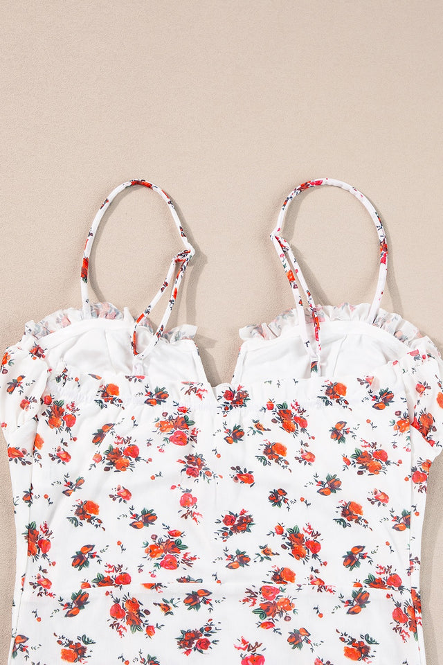 Floral frilled trim spaghetti straps bodysuit.