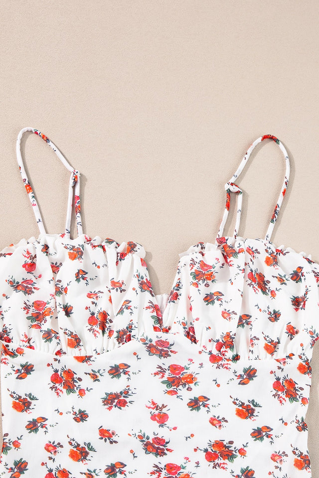 Floral frilled trim spaghetti straps bodysuit.