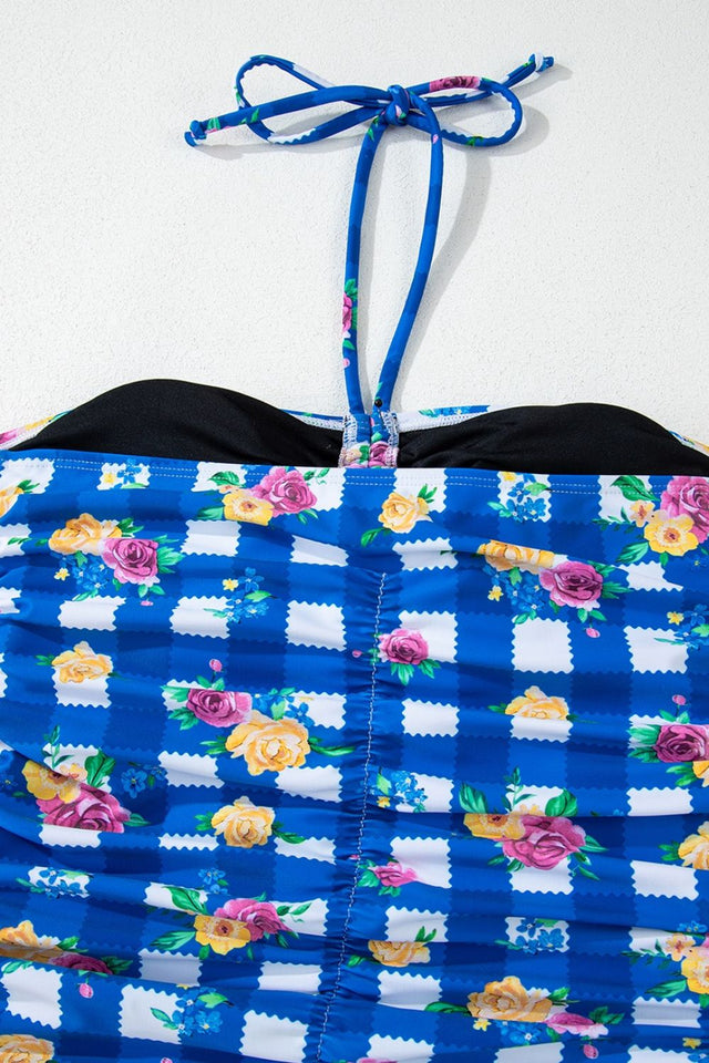 Floral Gingham Halter Neck Drawstring One Piece Swimwear.