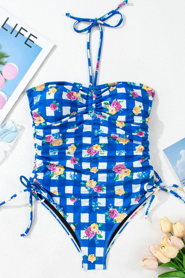 Floral Gingham Halter Neck Drawstring One Piece Swimwear.