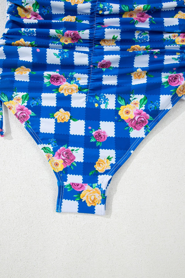 Floral Gingham Halter Neck Drawstring One Piece Swimwear.
