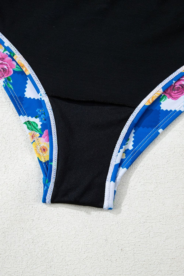 Floral Gingham Halter Neck Drawstring One Piece Swimwear.