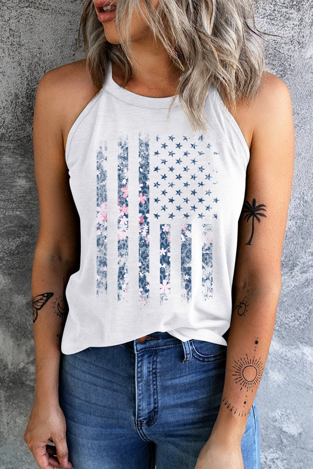 Floral graphic Grecian neck tank top.