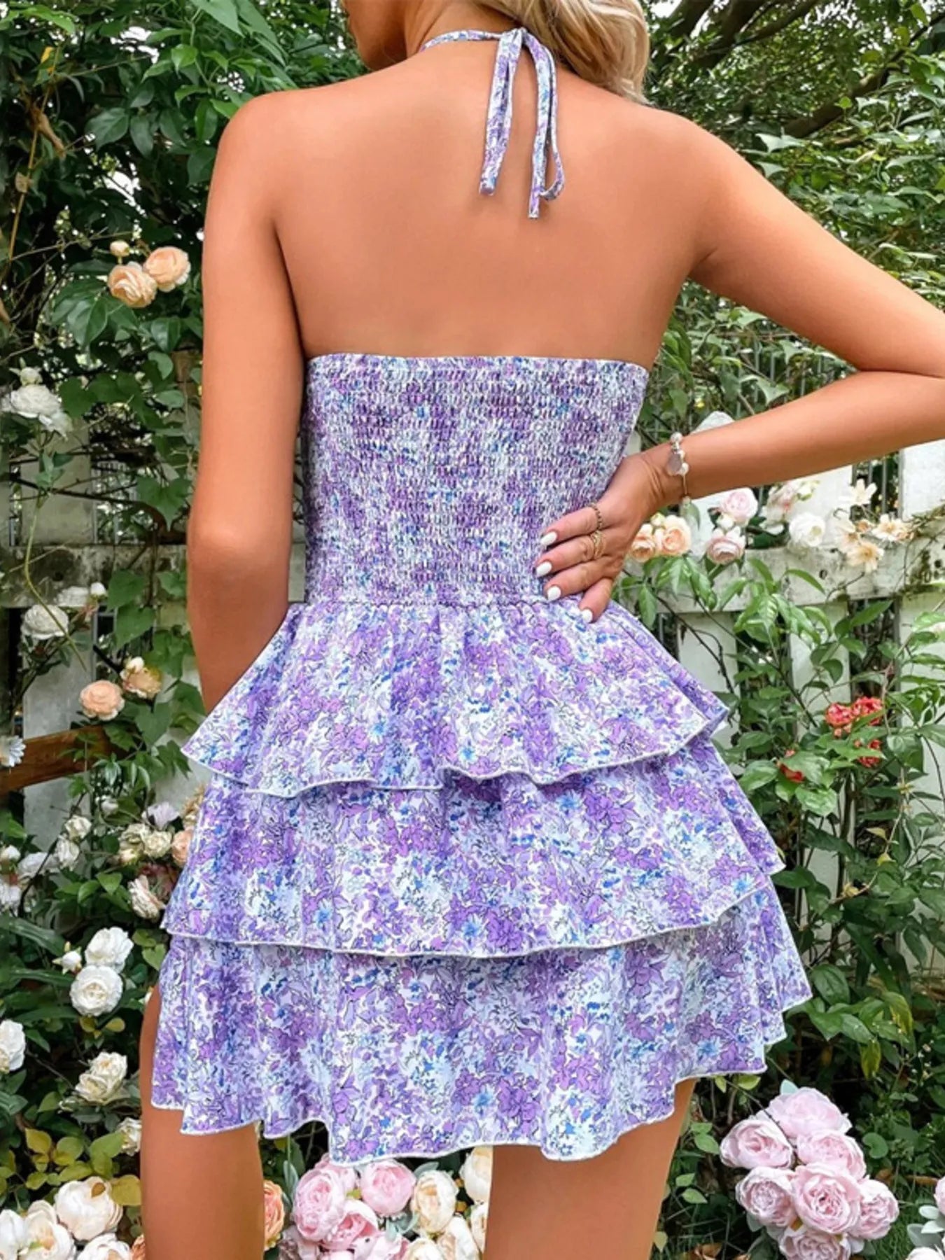 Floral Halter Cutout Ruffled Mini Dress.