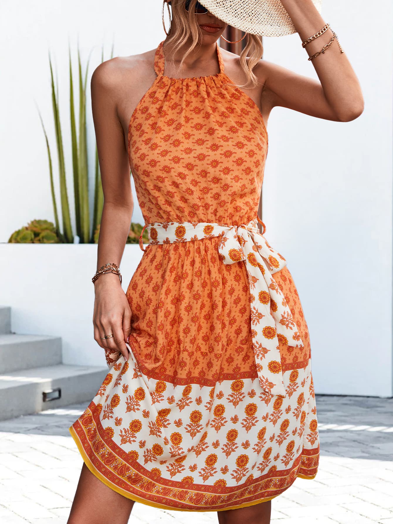 Floral Halter Neck Tie Waist Dress.