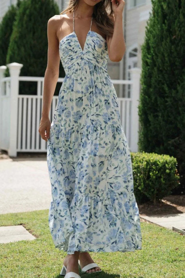 Floral Halter Neck Tiered Maxi Dress.