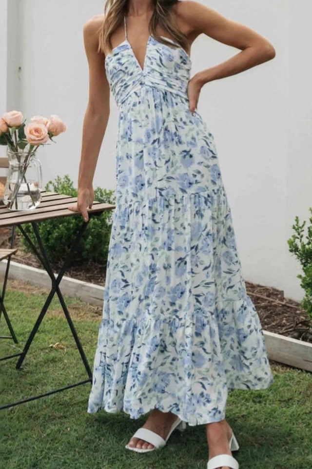 Floral Halter Neck Tiered Maxi Dress.