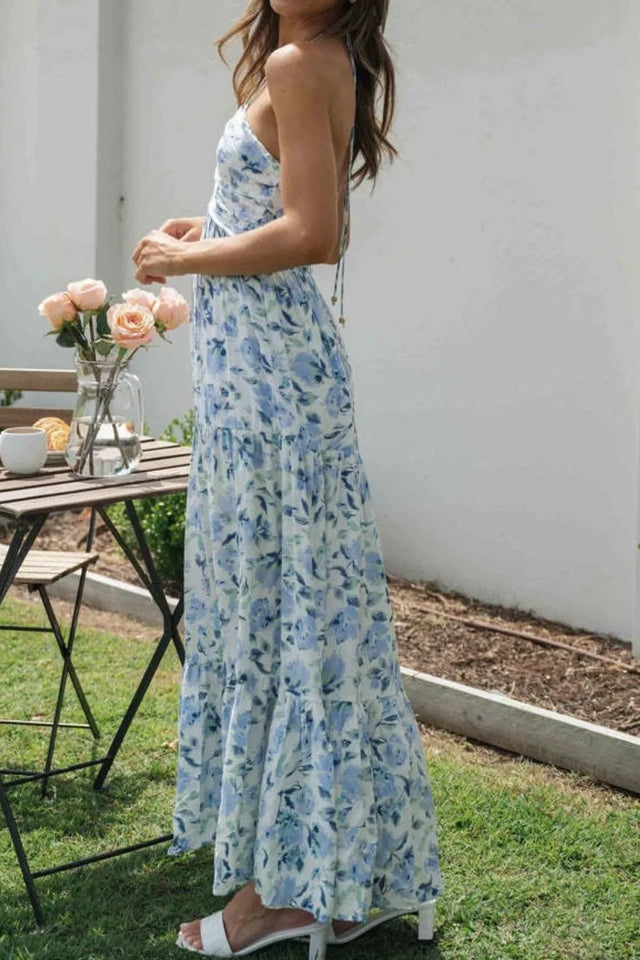 Floral Halter Neck Tiered Maxi Dress.