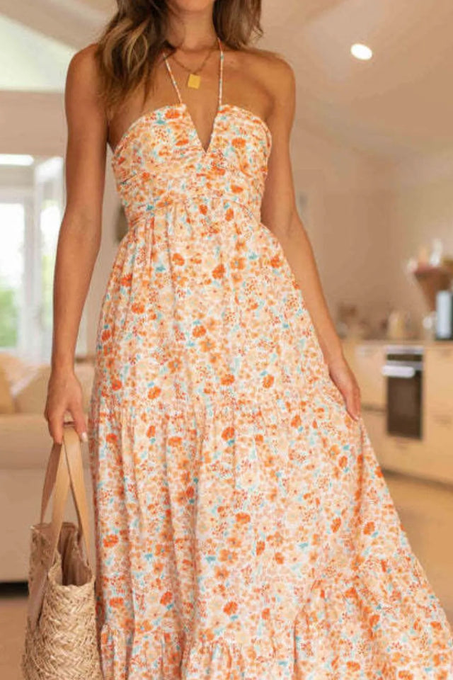 Floral Halter Neck Tiered Maxi Dress.