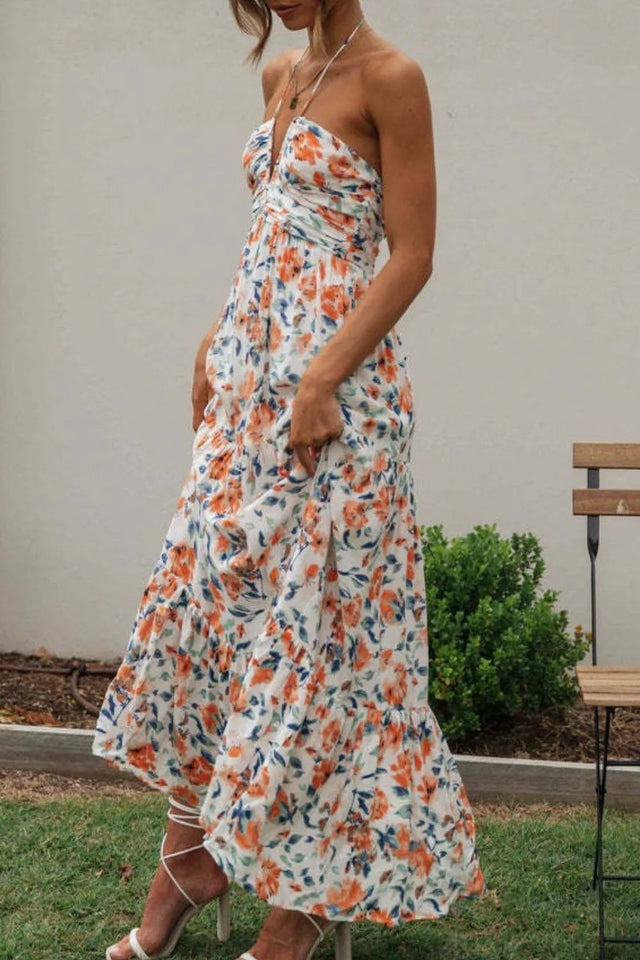 Floral Halter Neck Tiered Maxi Dress.
