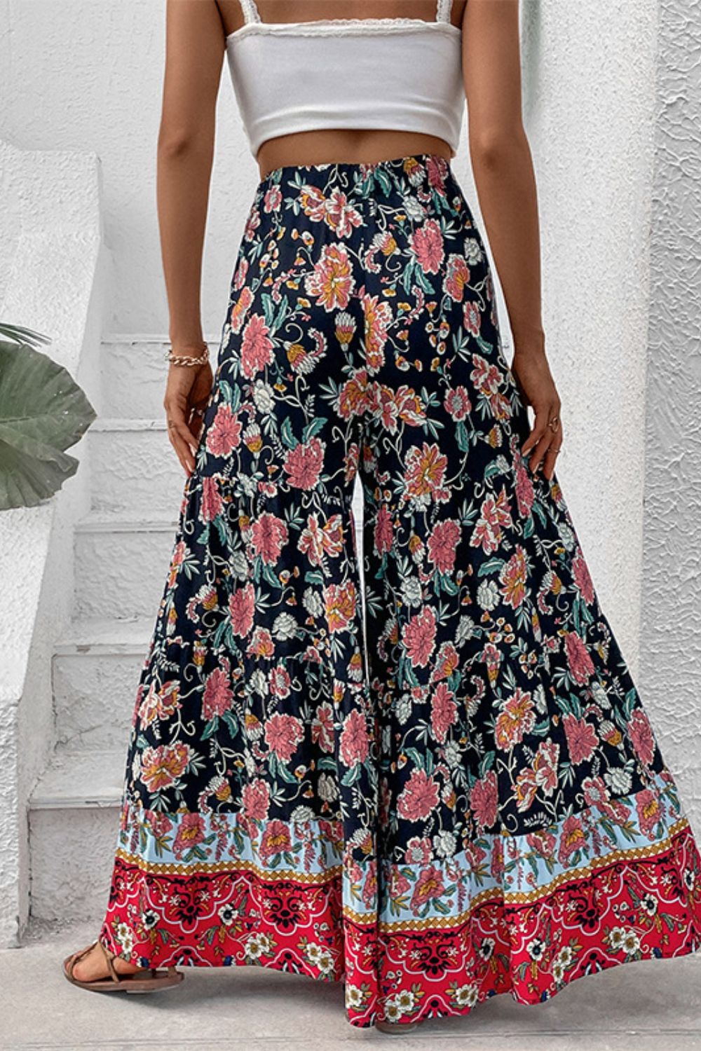 Floral high waist palazzo pants, casual maxi style.