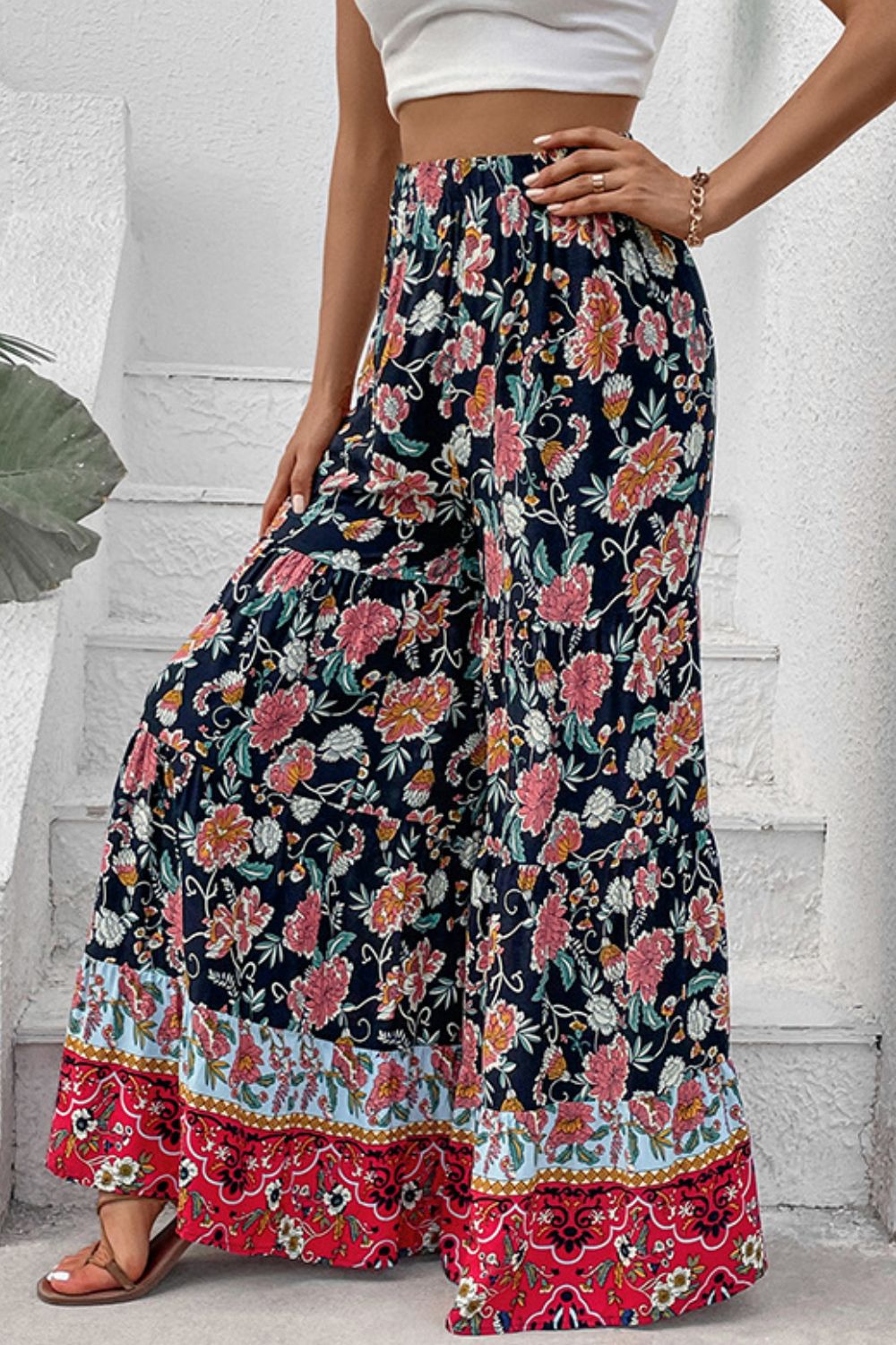 Floral high waist palazzo pants, casual maxi style.