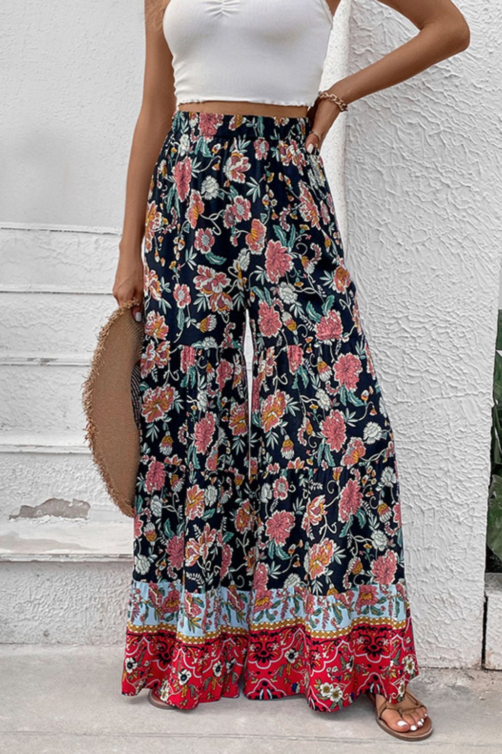 Floral high waist palazzo pants, casual maxi style.