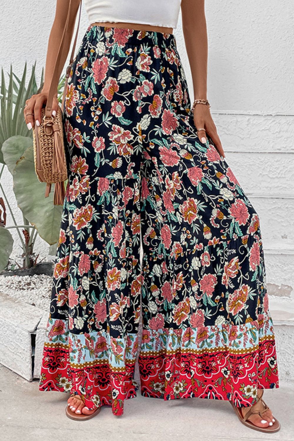 Floral high waist palazzo pants, casual maxi style.