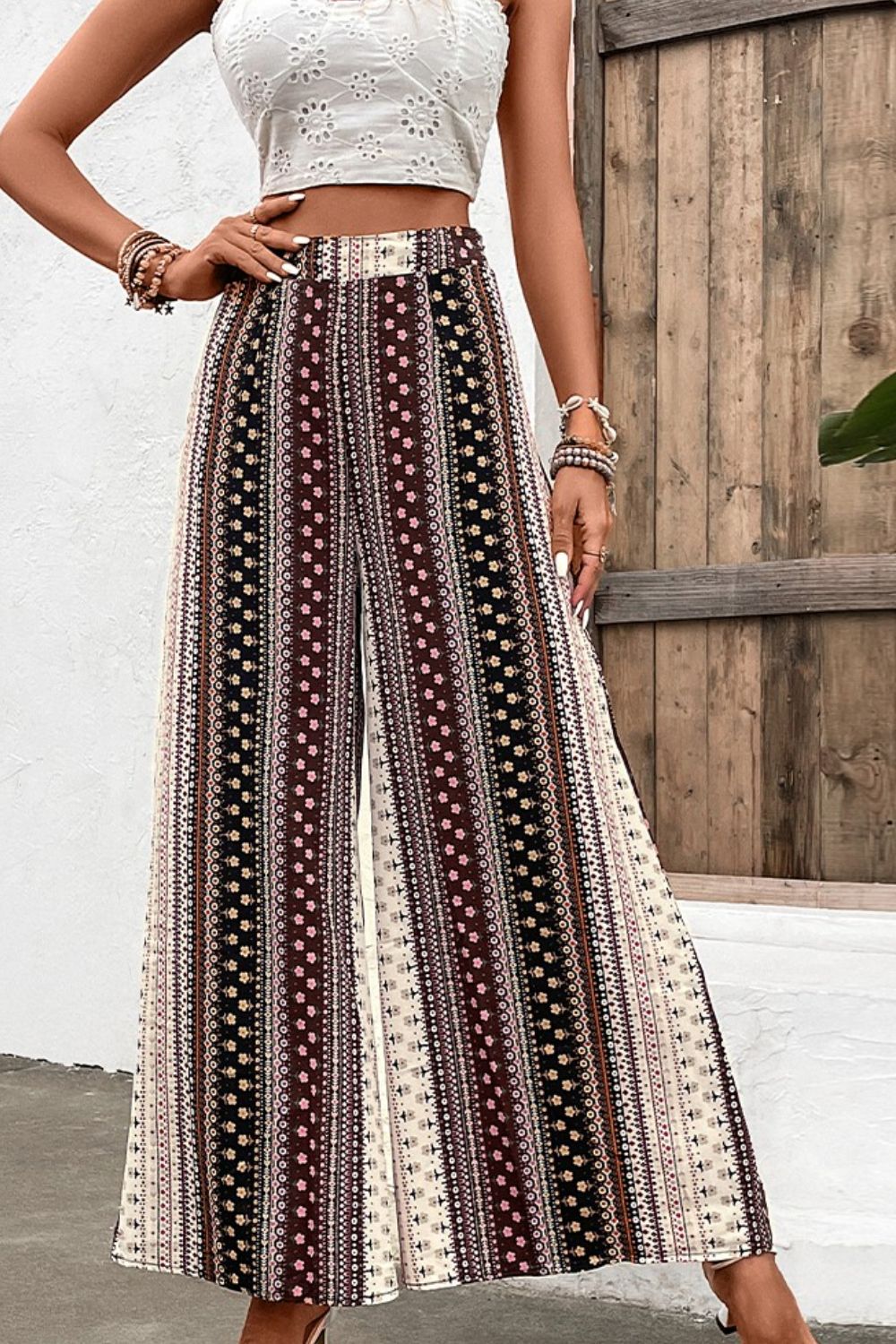 Shiny floral high waist wide leg pants, vacation casual style.