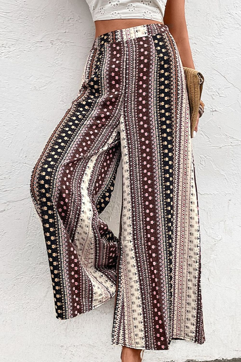 Shiny floral high waist wide leg pants, vacation casual style.