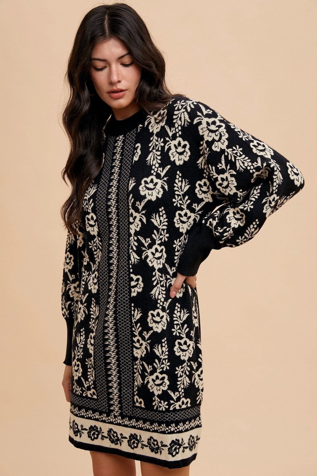 Annie Wear Floral Jacquard Round Neck Sweater Dress.