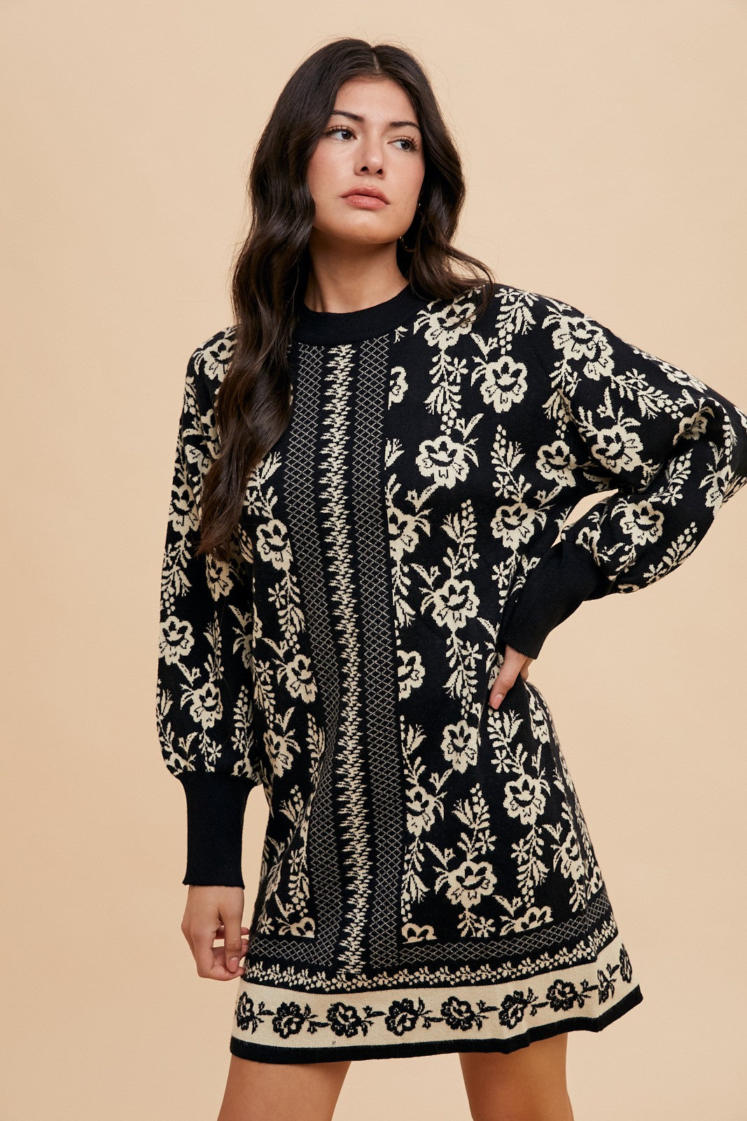 Annie Wear Floral Jacquard Round Neck Sweater Dress.