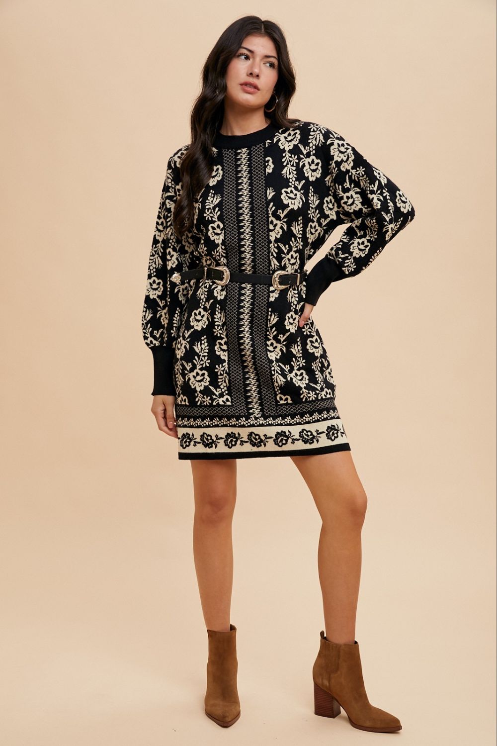 Annie Wear Floral Jacquard Round Neck Sweater Dress.