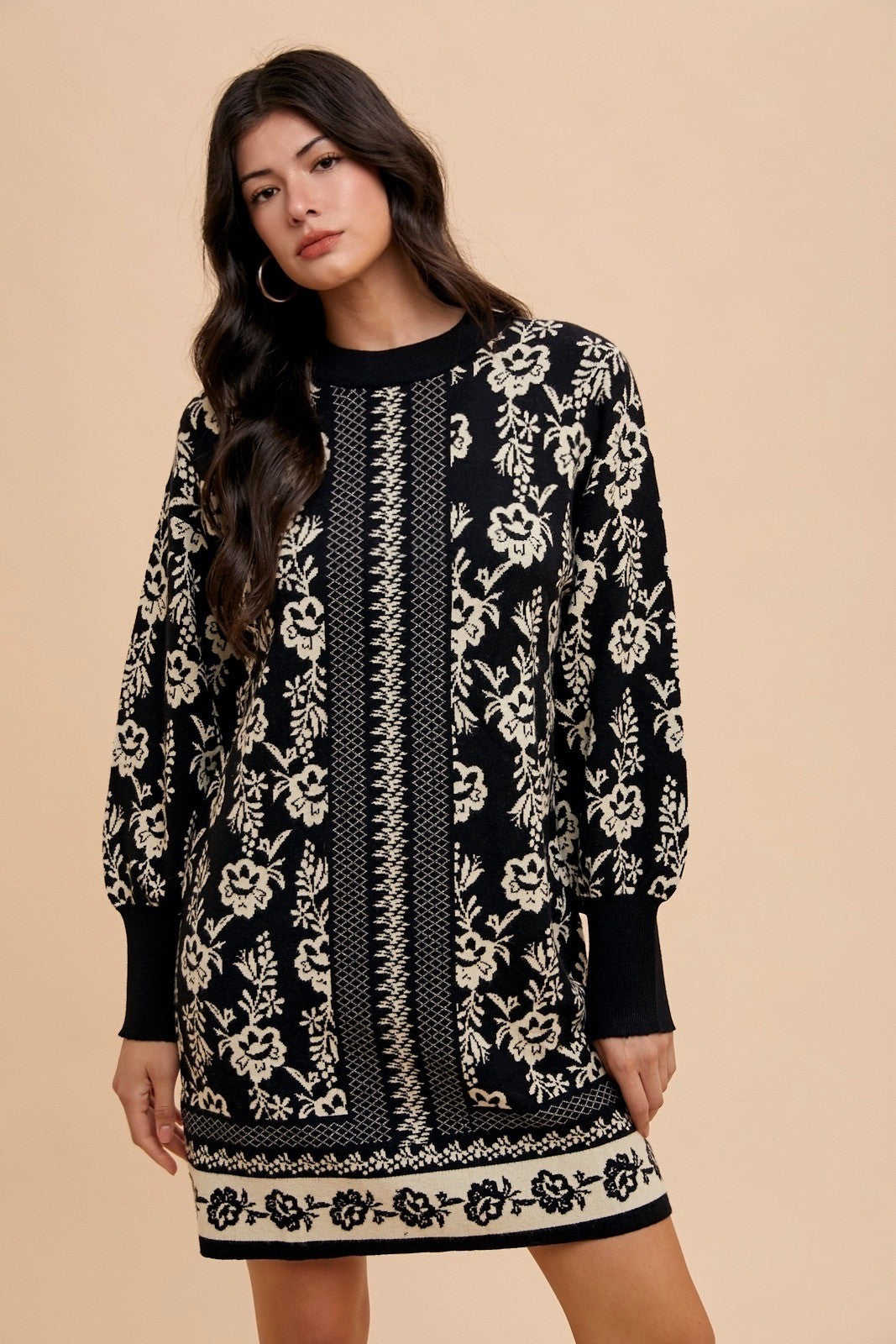 Annie Wear Floral Jacquard Round Neck Sweater Dress.