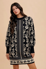 Annie Wear Floral Jacquard Round Neck Sweater Dress.