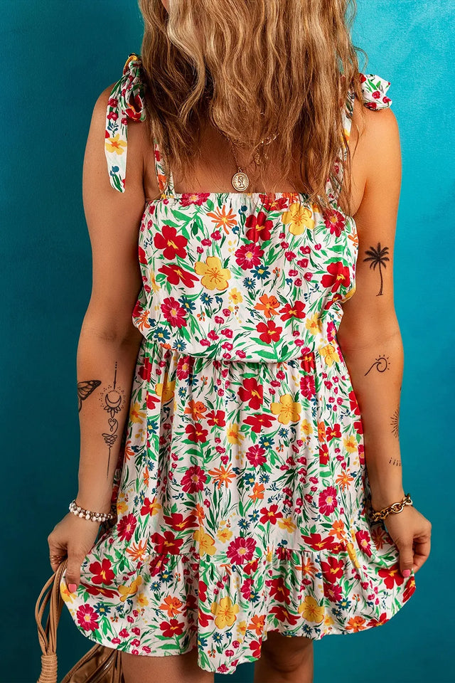 Floral Knotted Straps Cinched Waist Ruffle Hem Mini Dress.