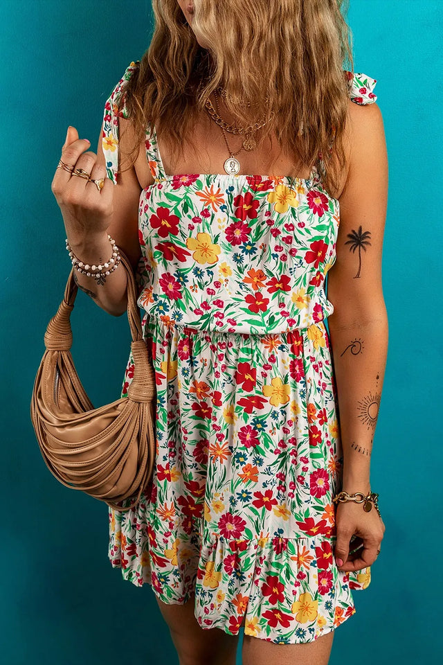 Floral Knotted Straps Cinched Waist Ruffle Hem Mini Dress.